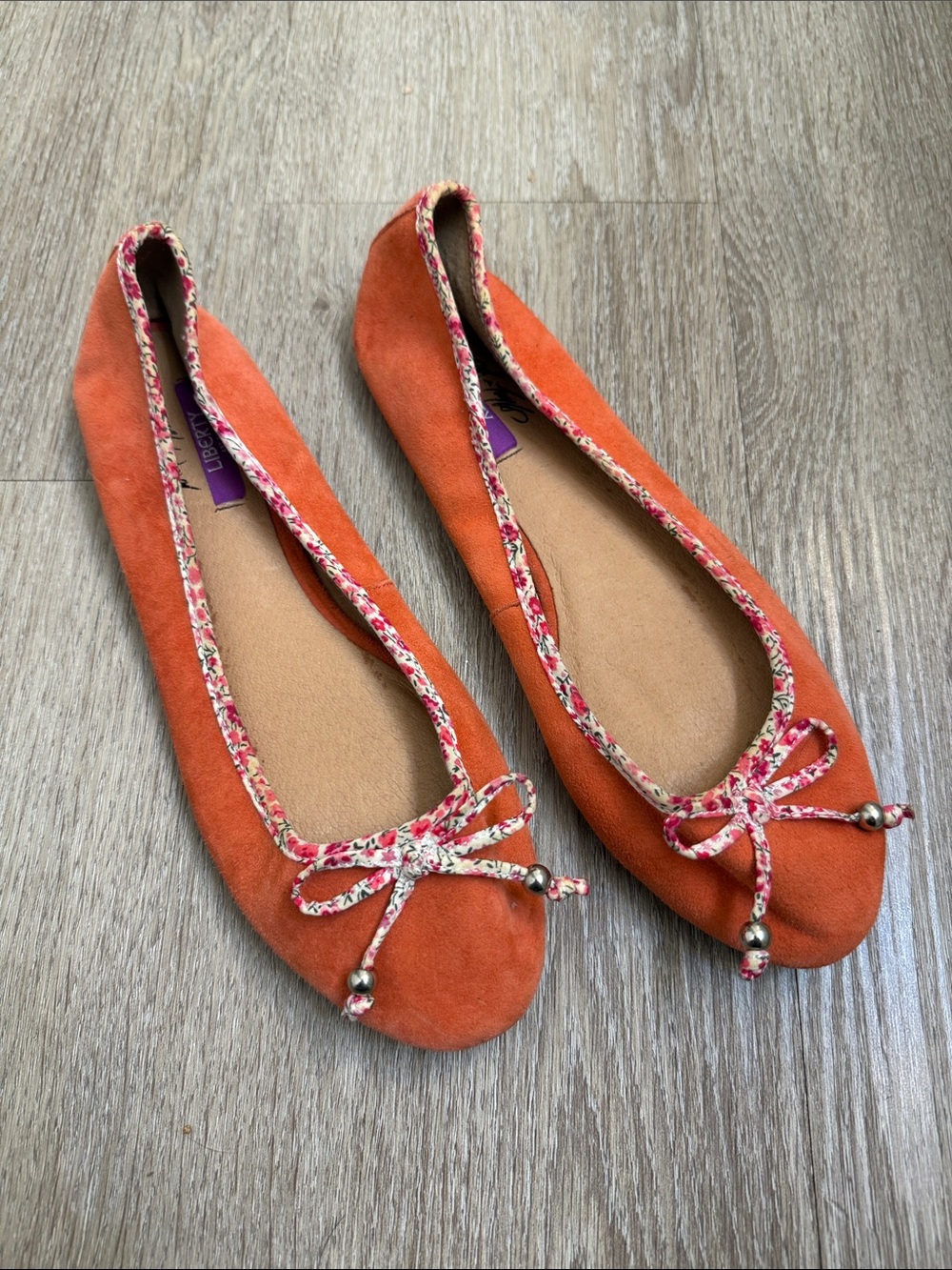 Coral Suede Ballet Flats with Floral Trim